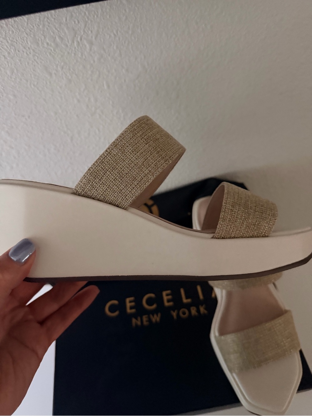 Cecelia Baily Platform Slide Wedges / Beige Wedge Sandals with Gold Straps (NIB)